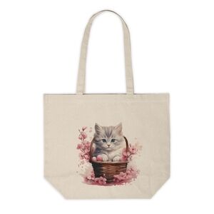Floral Cat in a Basket Custom Canvas Tote Bag